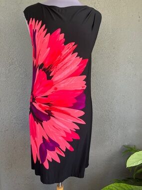 Maggy L Black Dress with Bold Pink Floral Print Size 8